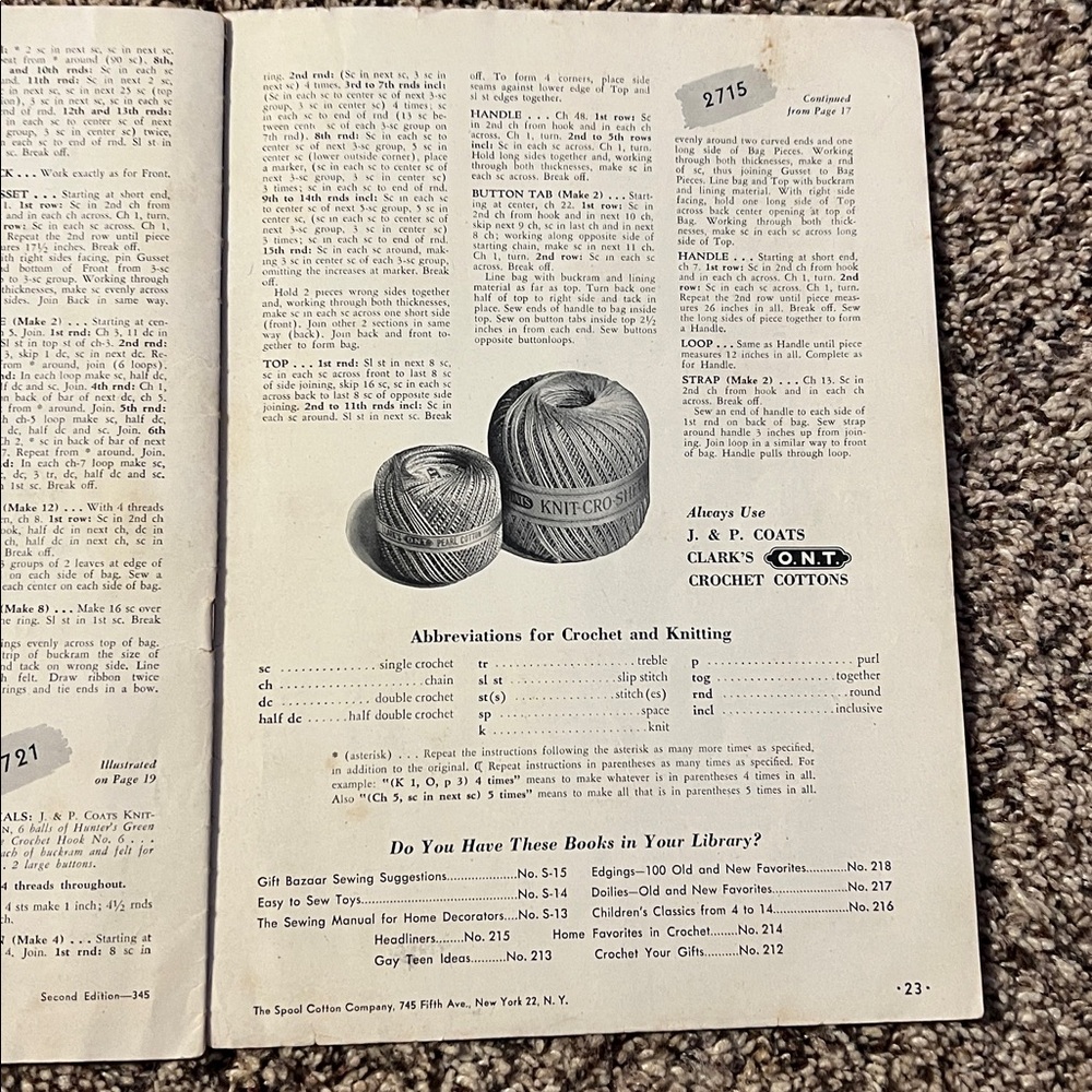 Vintage 1945 Clark's O.N.T. and J.& P. Coats Crochet Pattern Booklet titled Bags - Picture 11 of 11